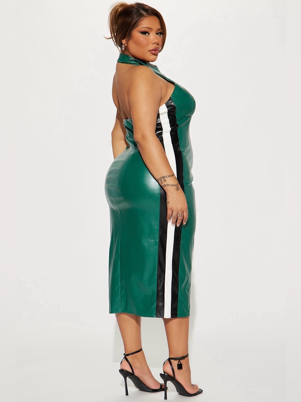 Fashion Nova Green Faux Leather Halter Zip Midi Dress - Picture 3 of 6